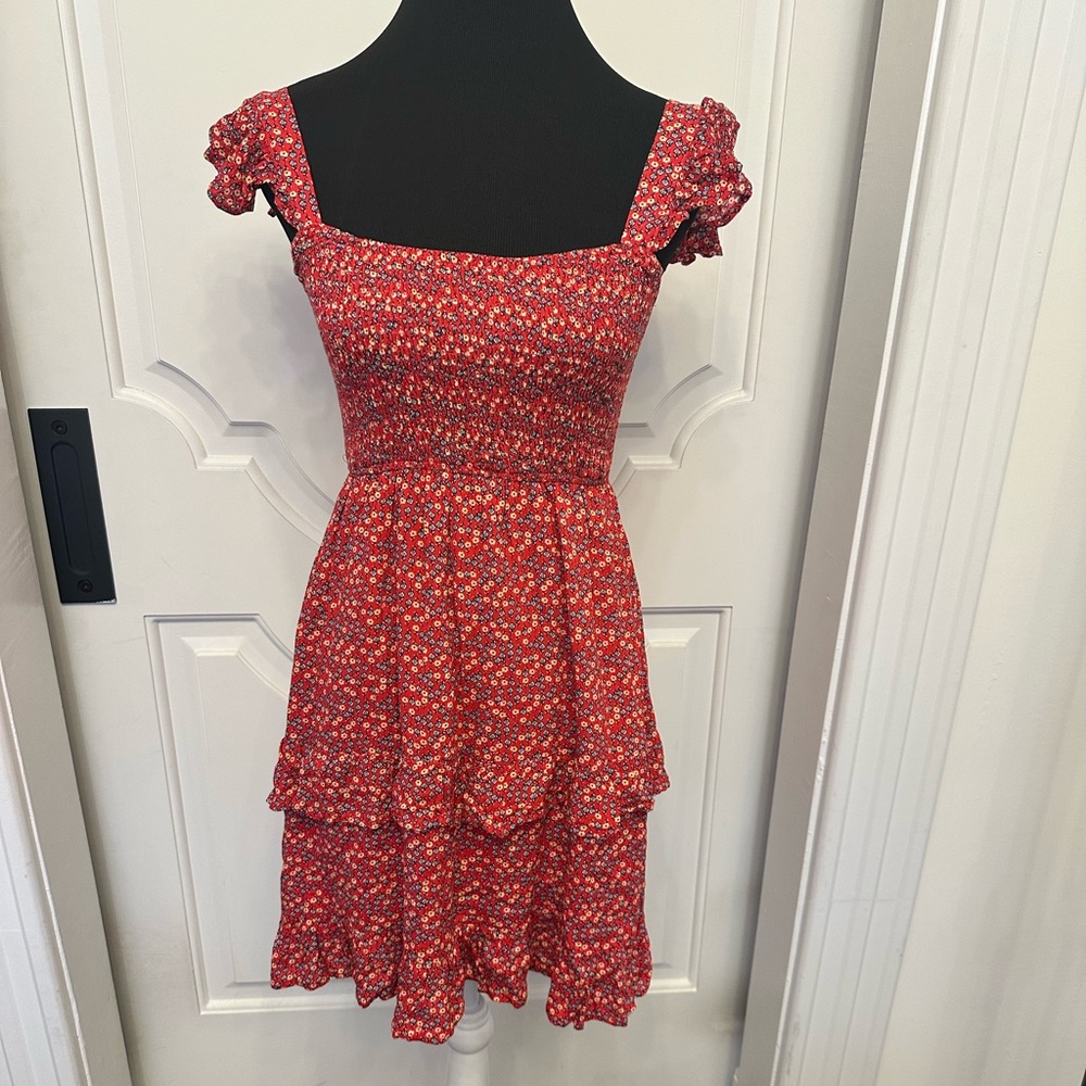 Altar’d State Floral Red Smocked Dress Flutter Straps Tiered Skirt NWOT